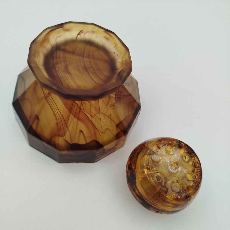 Ваза-подставка для цветов (роуз-боул, rose-bowl) "Amber Cloud", компания "George Davidson & Co", стекло, матовое, пресс, Великобритания, 1920-1930 гг.