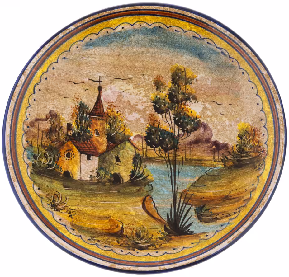 Тарелка настенная с живописным видом, керамика, роспись, фирма "Fima Deruta", Италия, 1980-2000 гг., Fima Deruta