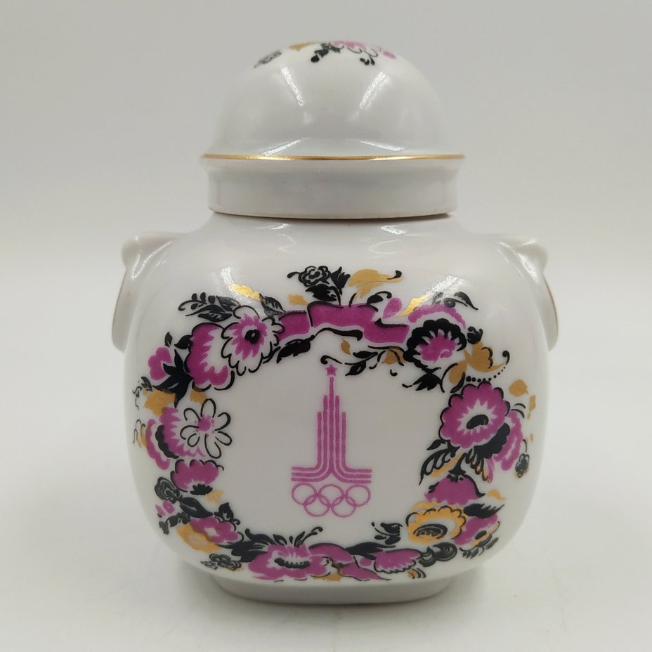 Емкость для хранения чая (чайница) "Олимпиада-80", фарфор, деколь, золочение, Ленинградский фарфоровый завод (ЛФЗ), СССР, 1980 г.