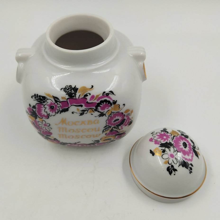Емкость для хранения чая (чайница) "Олимпиада-80", фарфор, деколь, золочение, Ленинградский фарфоровый завод (ЛФЗ), СССР, 1980 г.