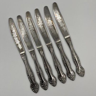 Набор из 6 столовых ножей, украшенных растительным декором, нержавеющая сталь, Павловский завод художественных металлоизделий им. С.М. Кирова