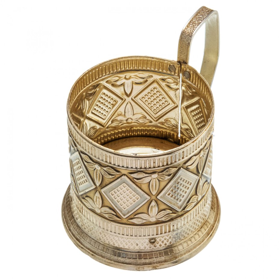 Подстаканник "Ромбы" со стаканом, алюминий, белая эмаль, стекло, Волгоградский завод "Сувенир", г. Волгоград, СССР, 1980-1990 гг.
