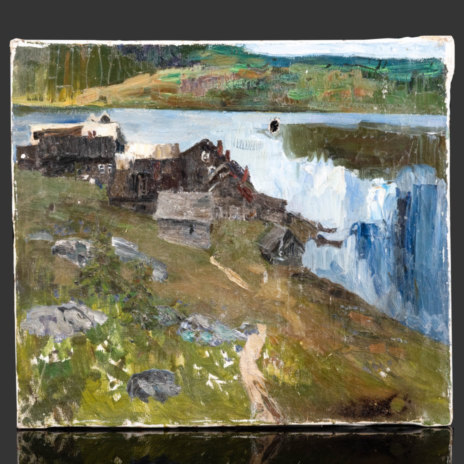 Картина "Деревенский пейзаж", неизвестный художник, холст, масло, деревянный подрамник, СССР, 1960-1990 гг.