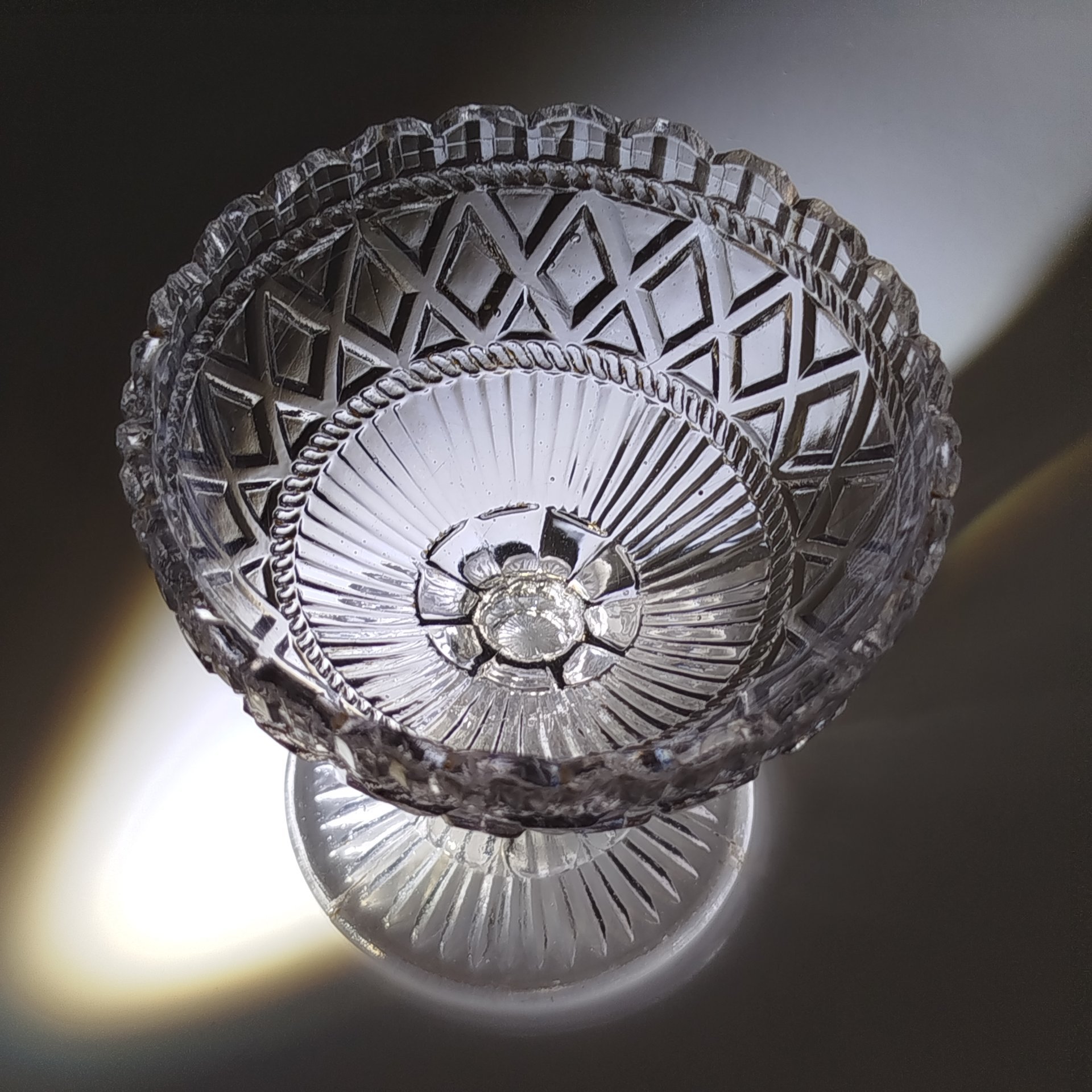 Конфетница с рельефным декором и фигурным бортом, стекло, пресс, Россия, 1900-1930 гг.