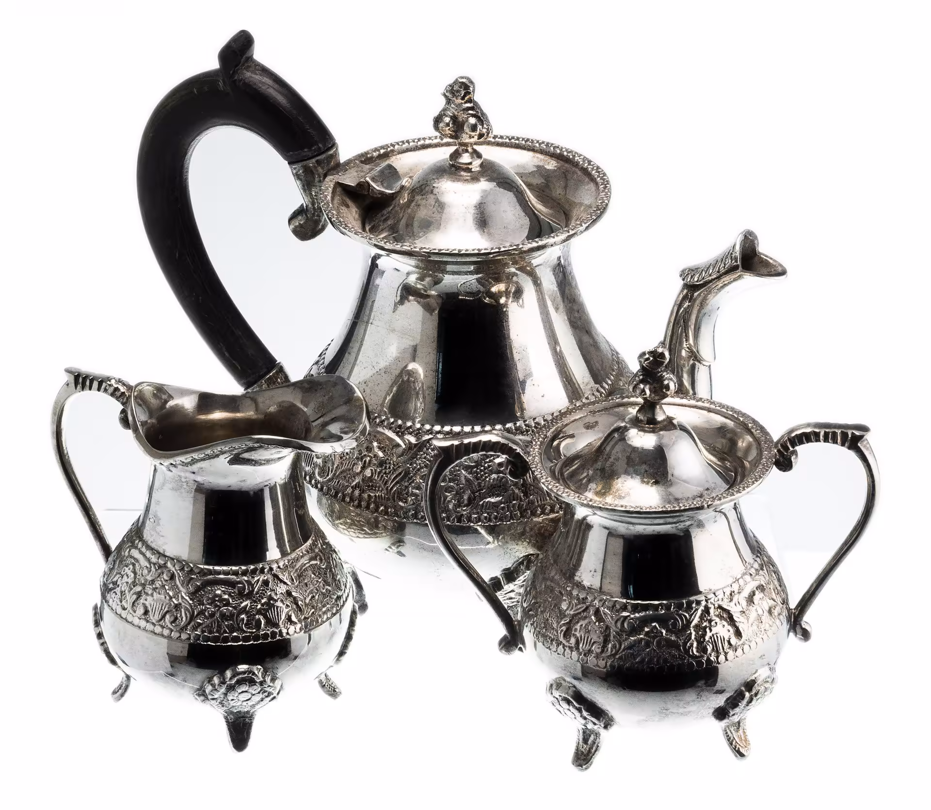 Набор чайный из 3-х предметов (чайник, сахарница, молочник), никель с серебрением, фирма "IMF", Германия, 1920-1940 гг. — фото 1