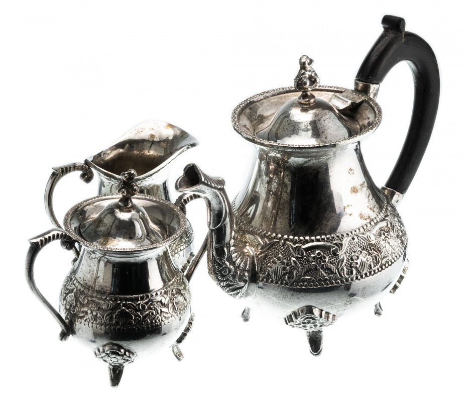 Набор чайный из 3-х предметов (чайник, сахарница, молочник), никель с серебрением, фирма "IMF", Германия, 1920-1940 гг.