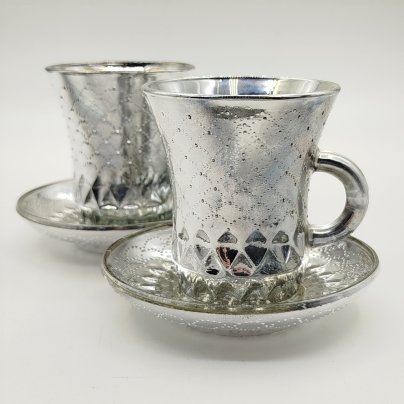 Набор 2-х кофейных пар с рельефным декором, стекло, крытье, серебрение, Уршельский стеклозавод имени 10-й годовщины Октября, СССР, 1973-1983 гг.