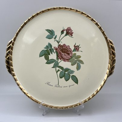 Блюдо с ручками, украшенное декором в виде роз, Salins, фаянс, деколь, крытье, золочение, Франция, 1960-1980 гг.