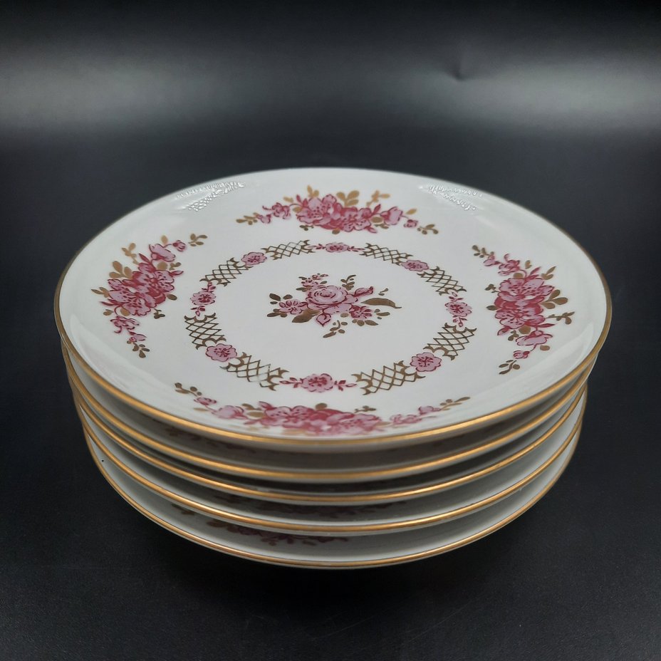 Набор из пяти розеток с цветочно-ажурным орнаментом, фарфор, деколь, золочение, Graf Von Henneberg Porzellan, 1777 Jlmenau, ГДР, 1977-1990 гг.