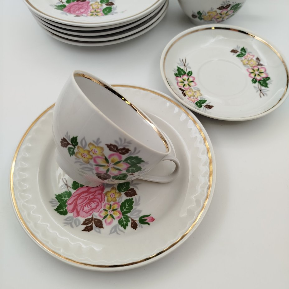 Набор из 6-ти чайных трио с цветочным декором, Прокопьевский фарфоровый завод (ПФЗ)