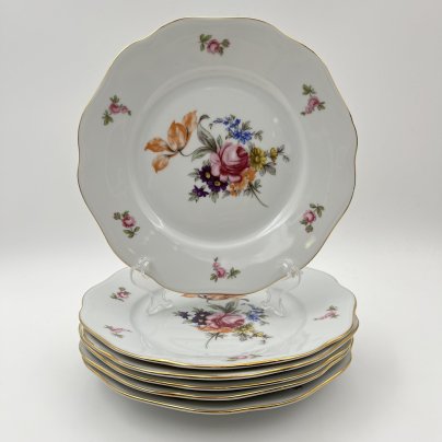 Набор десертных тарелок "Мейсенский букет" на 6 персон, фарфор, деколь, золочение, Bohemia (Neurohlau), Чехословакия, 1970-1990 гг.