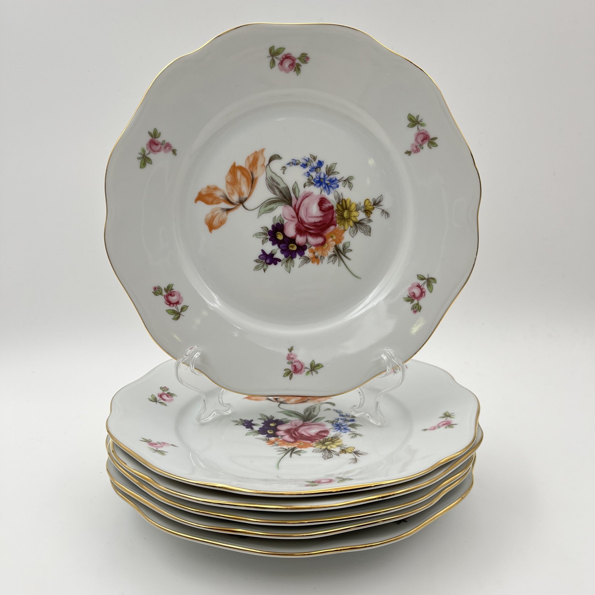 Набор десертных тарелок "Мейсенский букет" на 6 персон, фарфор, деколь, золочение, Bohemia (Neurohlau), Чехословакия, 1970-1990 гг.