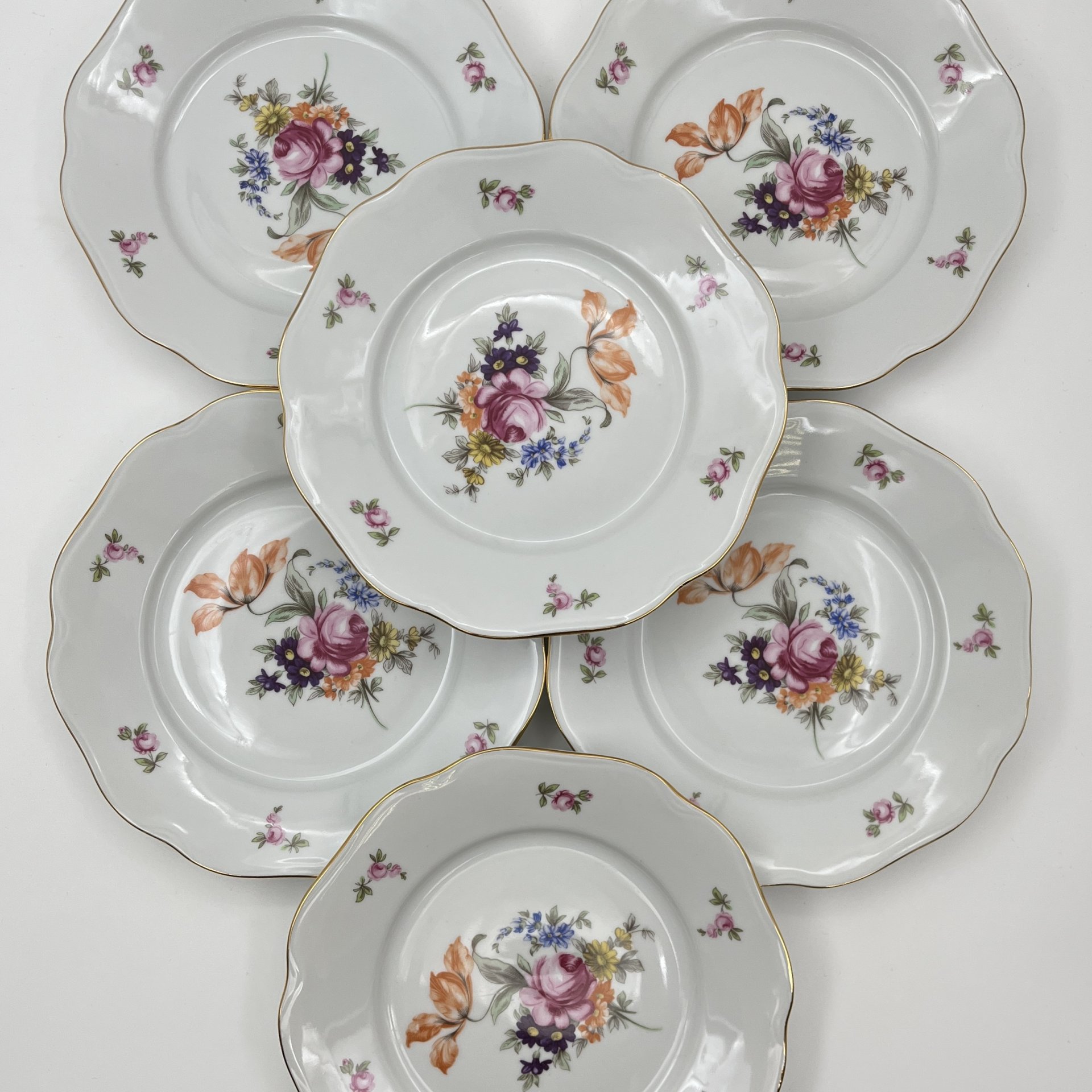 Набор десертных тарелок "Мейсенский букет" на 6 персон, фарфор, деколь, золочение, Bohemia (Neurohlau), Чехословакия, 1970-1990 гг.
