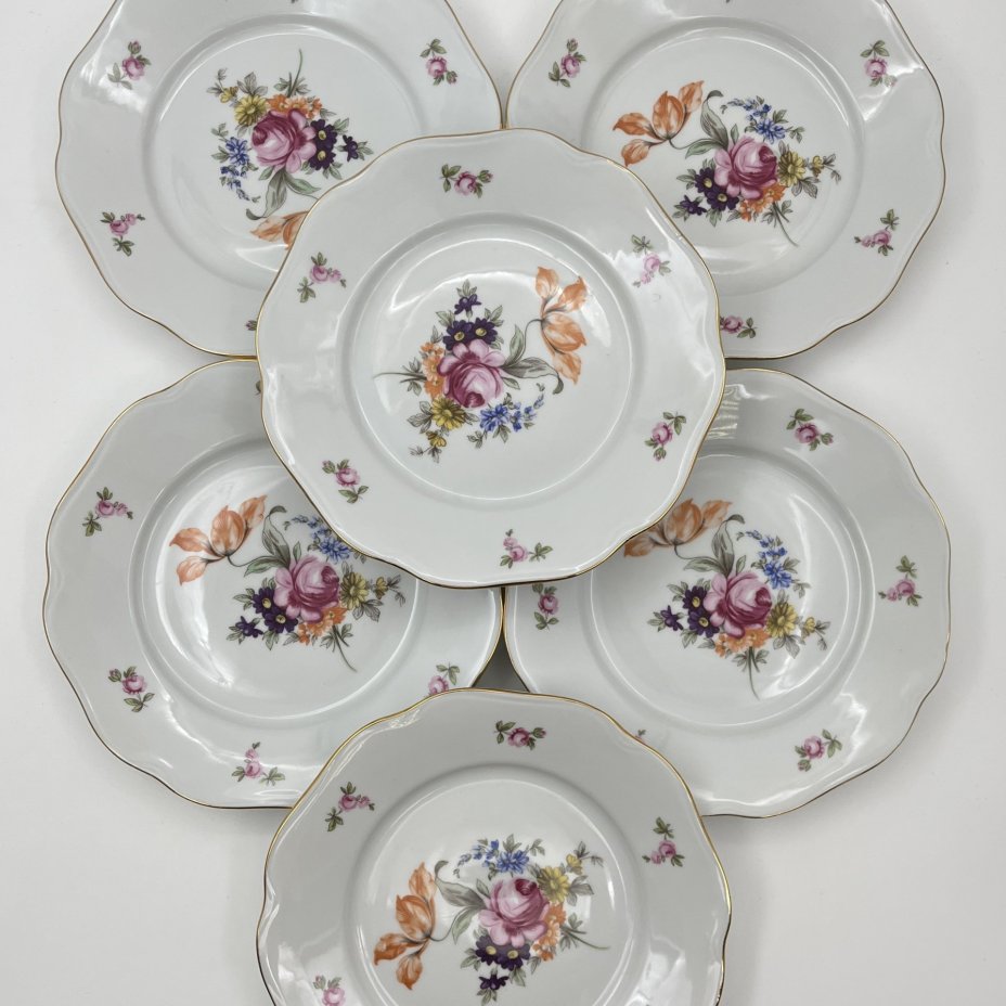Набор десертных тарелок "Мейсенский букет" на 6 персон, фарфор, деколь, золочение, Bohemia (Neurohlau), Чехословакия, 1970-1990 гг.