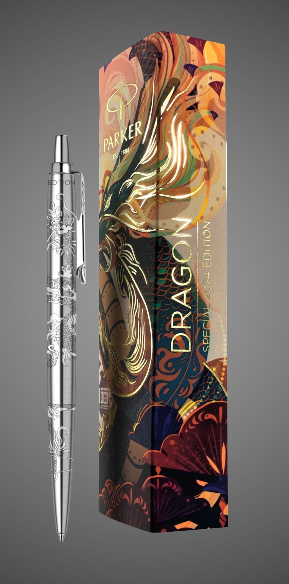 Шариковая ручка Parker Jotter Dragon Special Edition, цвет: St. Steel СT, стержень: Mblue в подарочной коробке, Металлы: нержавеющая сталь