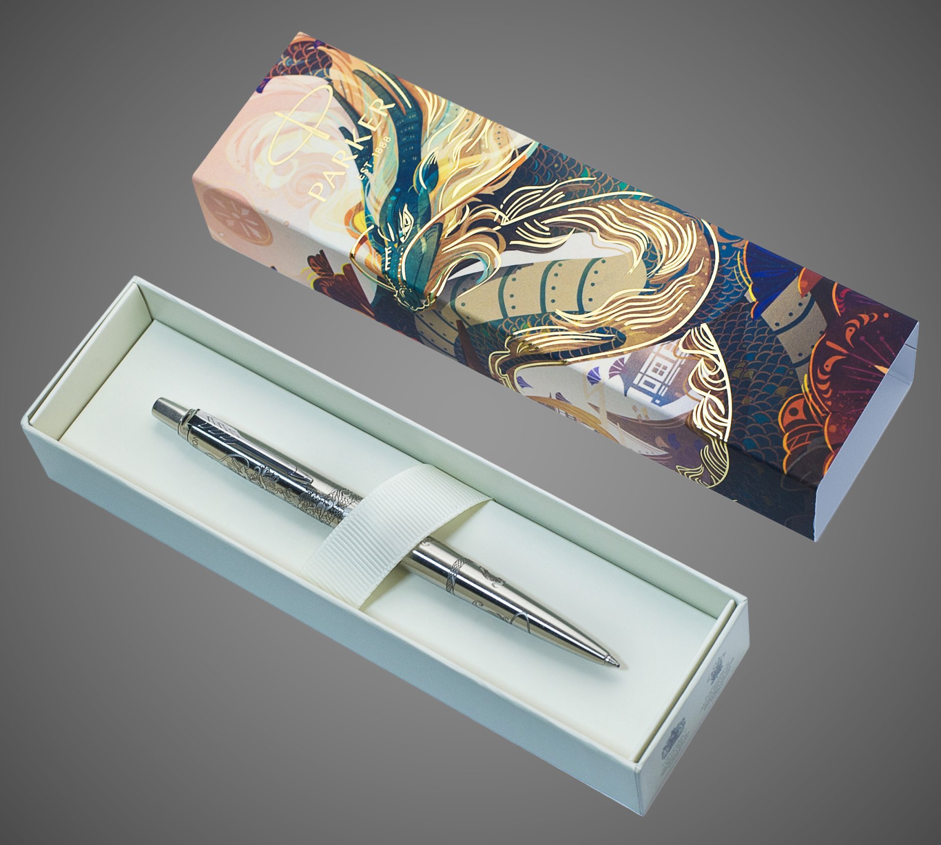 Шариковая ручка Parker Jotter Dragon Special Edition, цвет: St. Steel СT, стержень: Mblue в подарочной коробке, Металлы: нержавеющая сталь