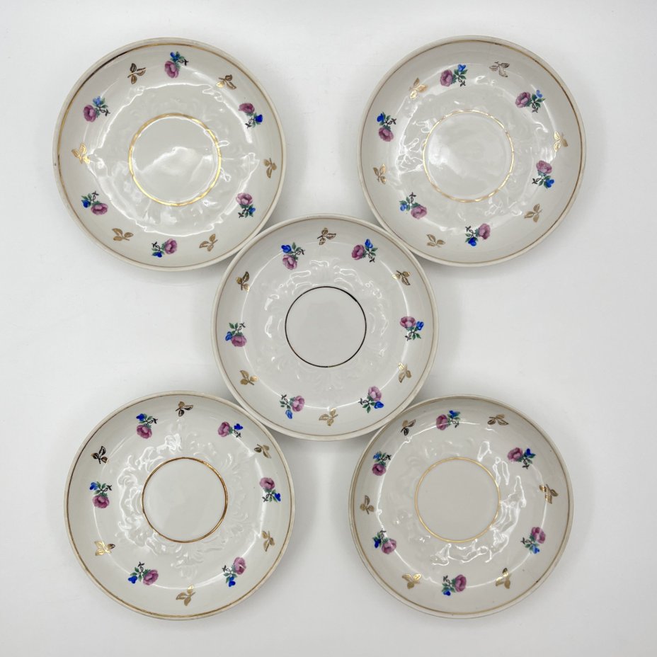 Сервиз чайный с цветочным декором на 5 персон (13 предметов), фарфор, деколь, золочение, Дмитровский фарфоровый завод (ДФЗ Вербилки), СССР, 1954-1965 гг.