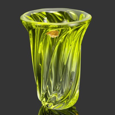 Ваза для цветов лимонного оттенка с декором в виде спирали, хрусталь, маркировка на дне, Val Saint Lambert, Бельгия, 1950-1970 гг.