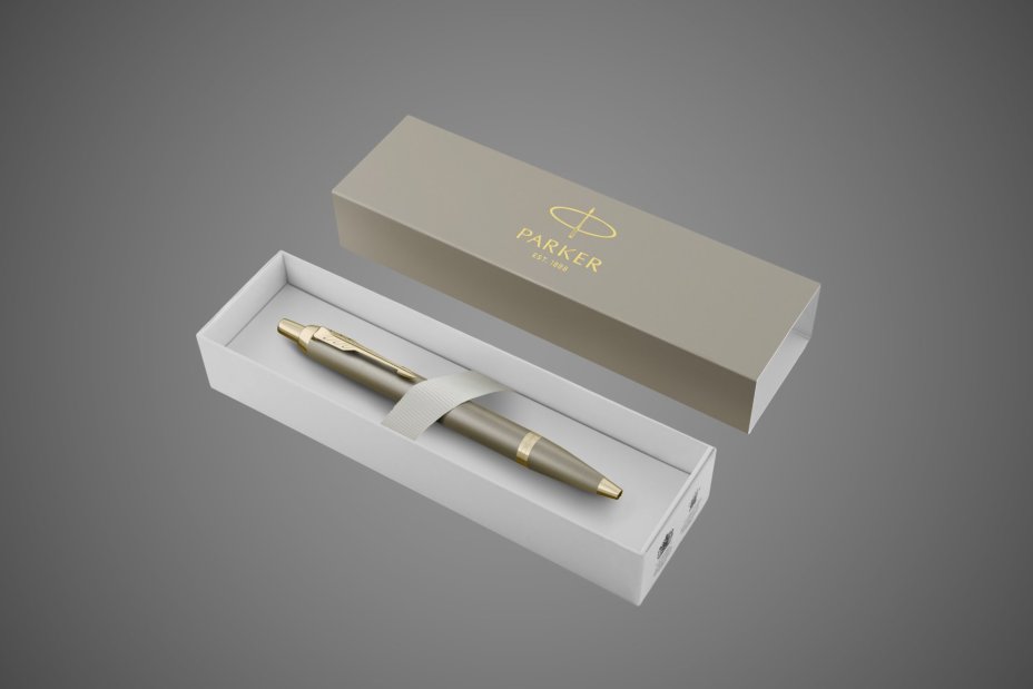 Ручка шариковая Parker Parker "IM Sandstone Champagne PVD Trim" синяя, 1,0мм, подарочная упаковка, Лаки и смолы: лак, латунь