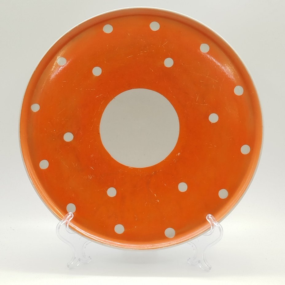 Поднос (блюдо) оранжевого цвета с декором в горох, фарфор, крытье, Дулевский фарфоровый завод (Дулёво), СССР, 1968-1991 гг.