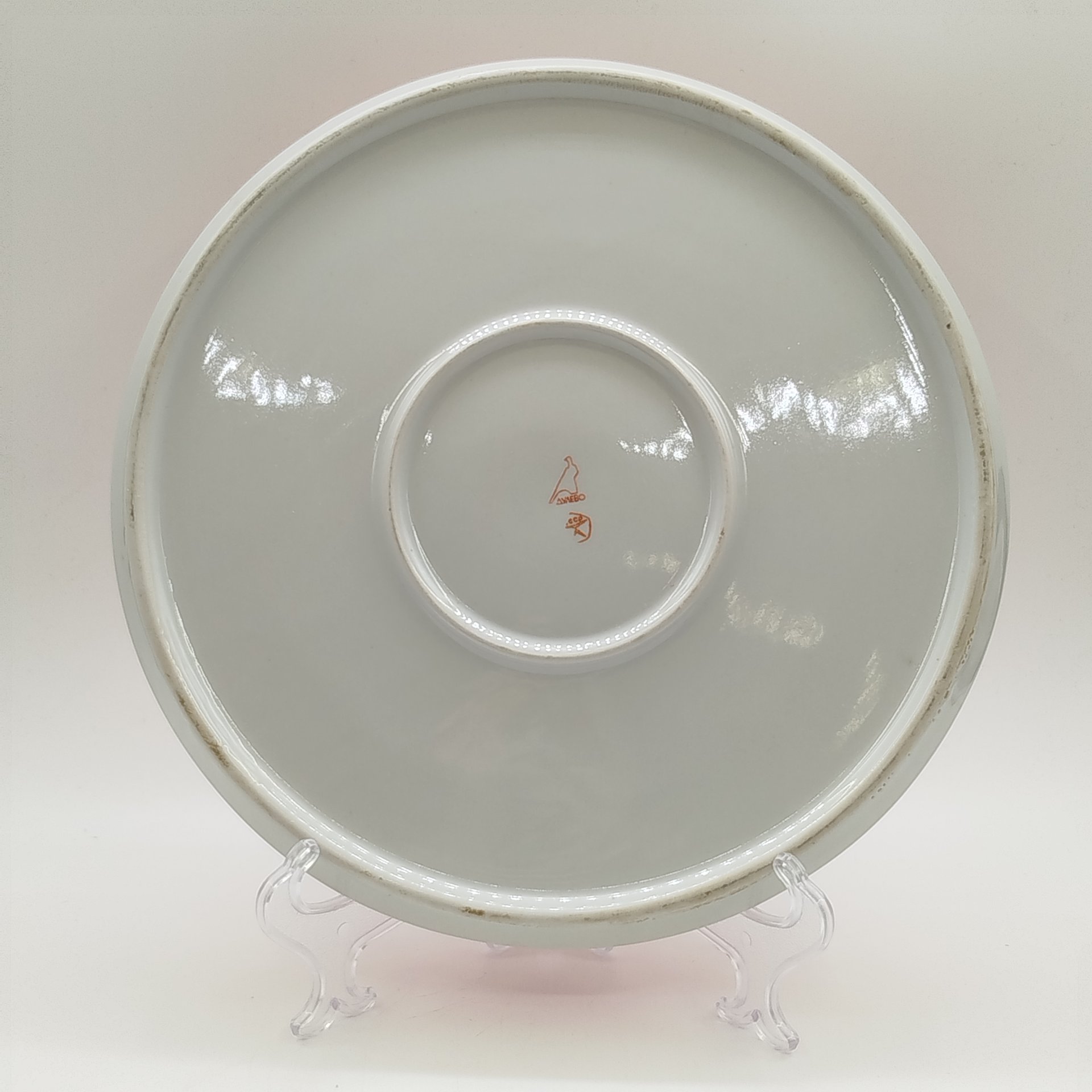 Поднос (блюдо) оранжевого цвета с декором в горох, фарфор, крытье, Дулевский фарфоровый завод (Дулёво), СССР, 1968-1991 гг.