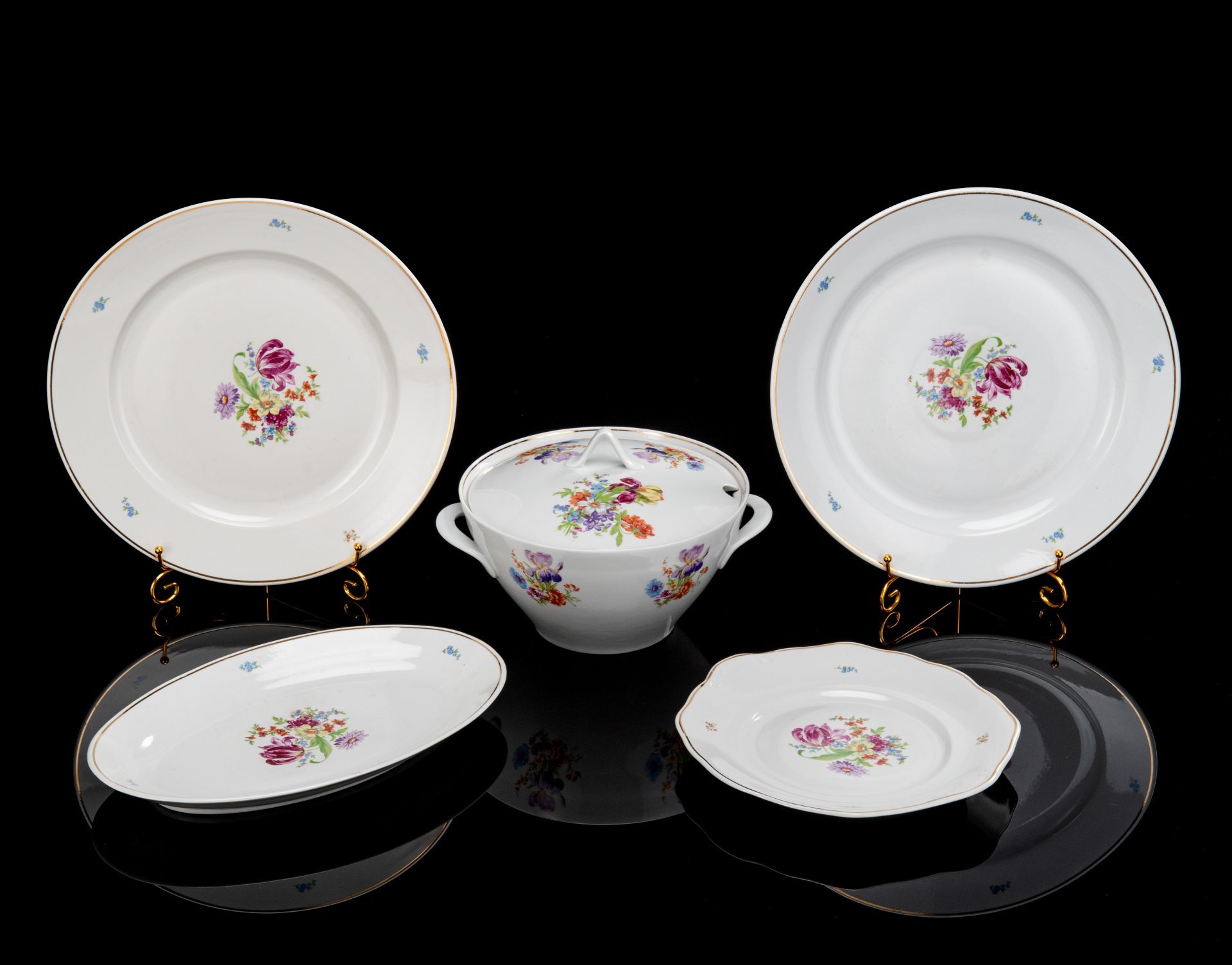Набор столовый (обеденный) для сервировки стола (5 предметов), фарфор, деколь, золочение, Дулевский фарфоровый завод (Дулёво), Дулевский фарфоровый завод (Дулёво)