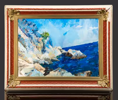 Картина "Морской пейзаж со скалами" (название условное), оформленная в раму, неизвестный художник (предположительно Ю.М. Бондаренко, 1956 г.р.)