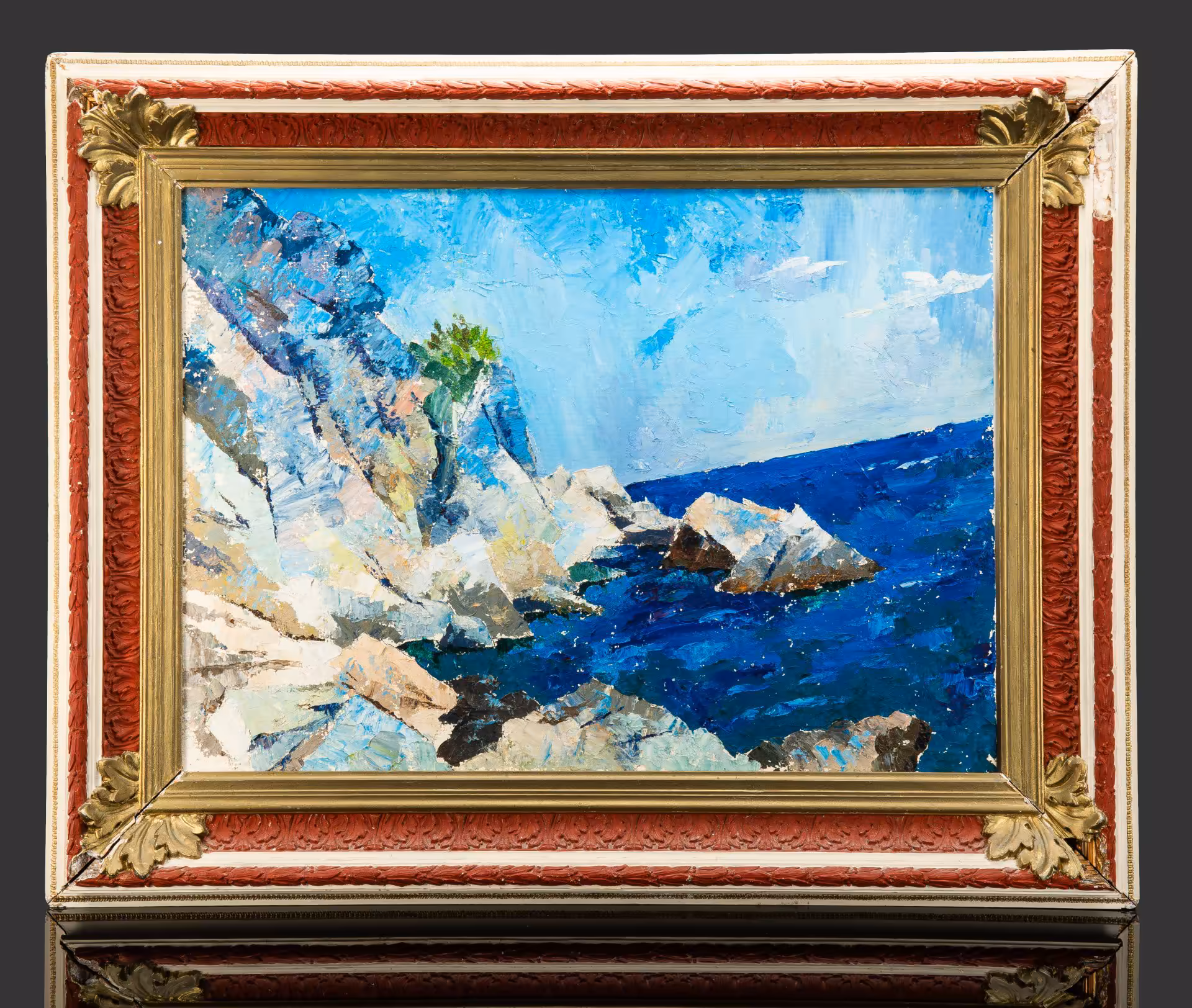 Картина "Морской пейзаж со скалами" (название условное), оформленная в раму, неизвестный художник (предположительно Ю.М. Бондаренко, 1956 г.р.)