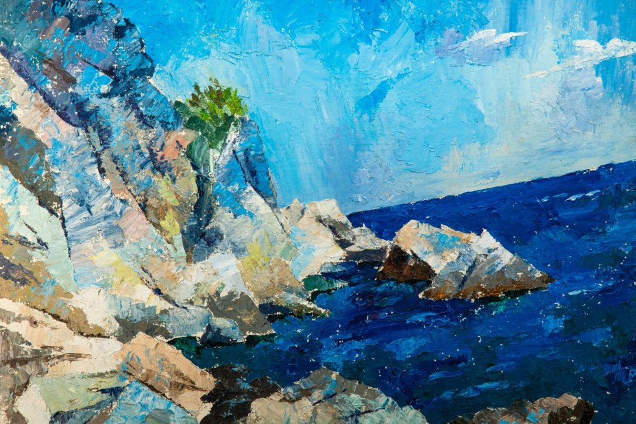 Картина "Морской пейзаж со скалами" (название условное), оформленная в раму, неизвестный художник (предположительно Ю.М. Бондаренко, 1956 г.р.)