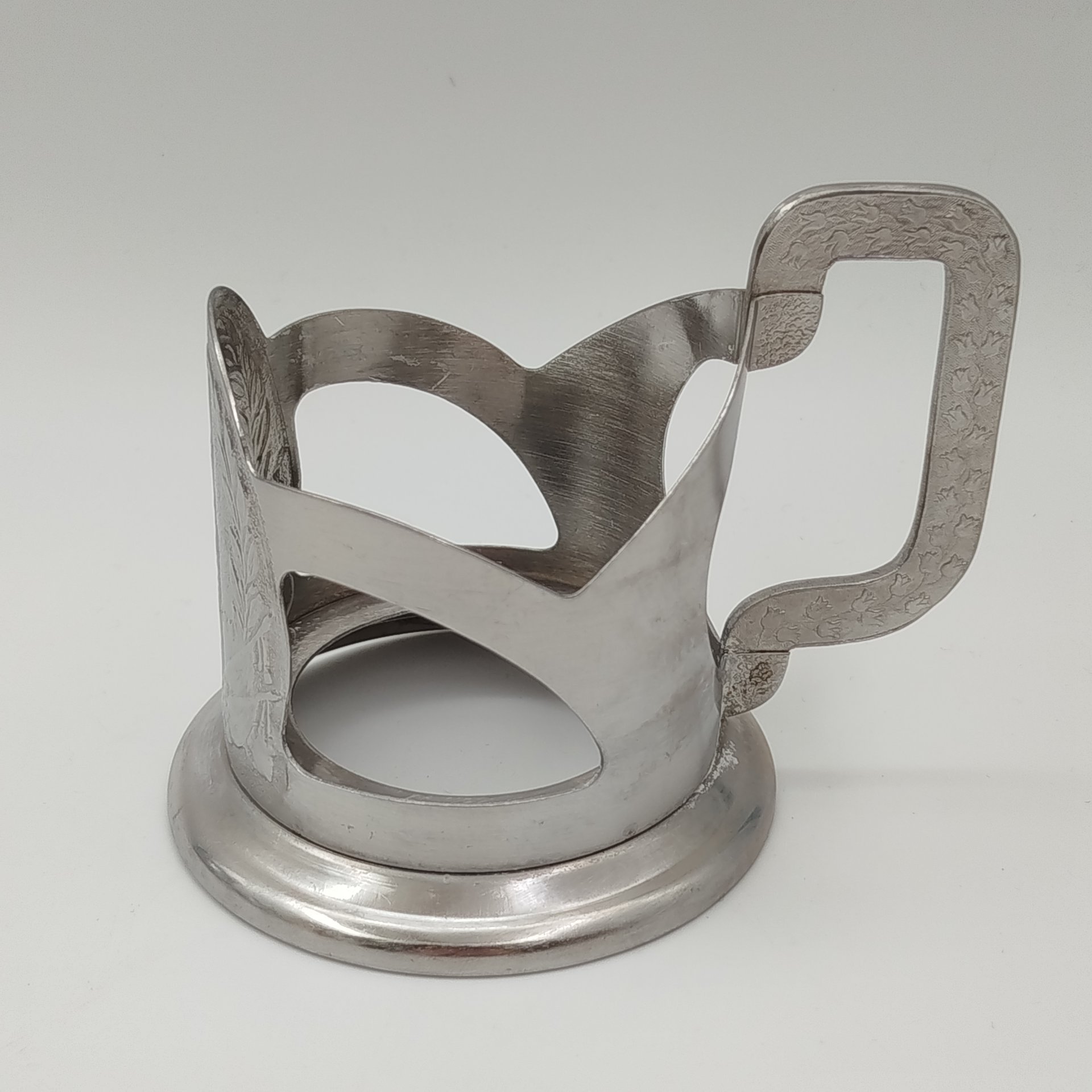 Подстаканник "Спасская башня" с декором в виде колокольчиков на ручке, Артель им. Чкалова, г. Горький, нержавеющая сталь, СССР