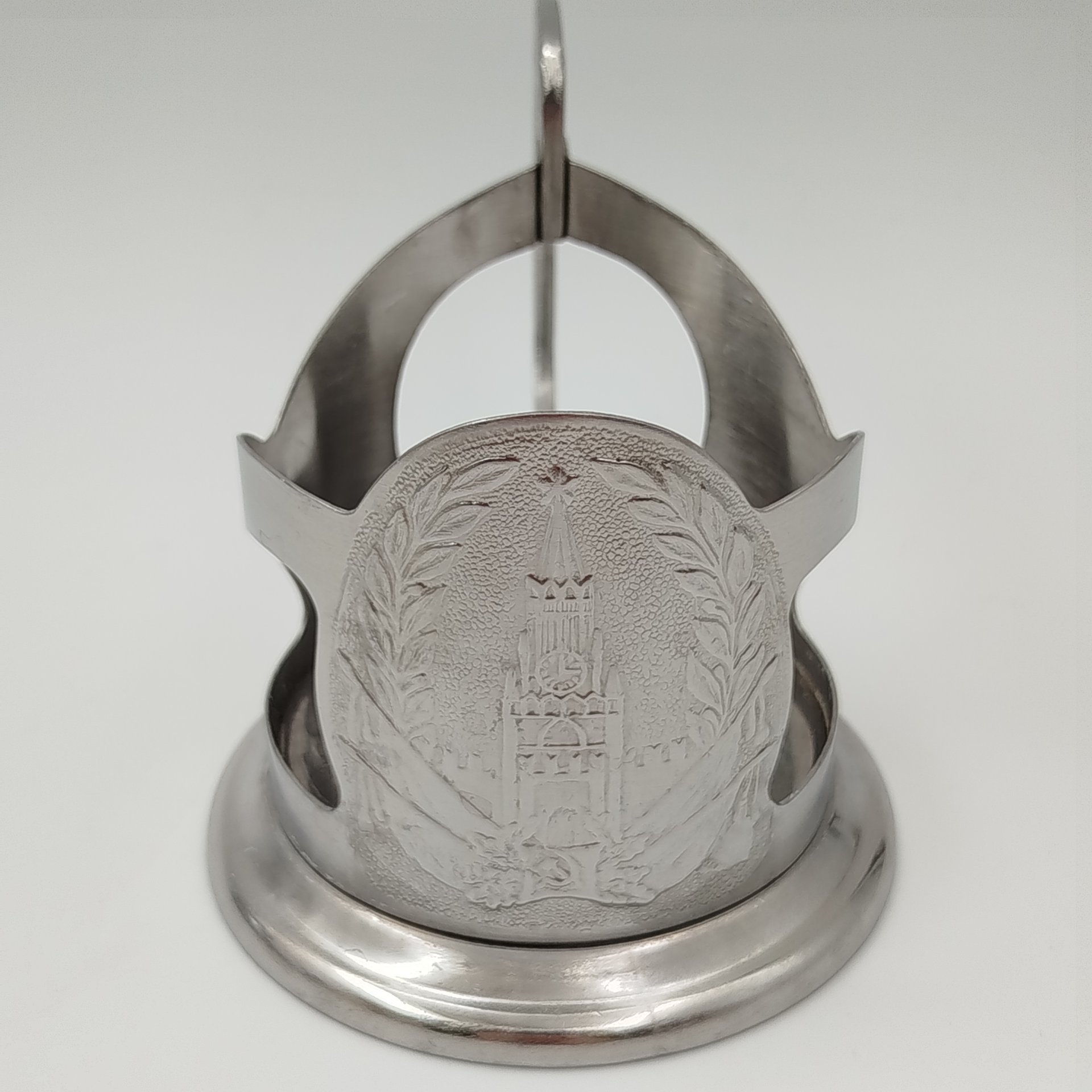 Подстаканник "Спасская башня" с декором в виде колокольчиков на ручке, Артель им. Чкалова, г. Горький, нержавеющая сталь, СССР