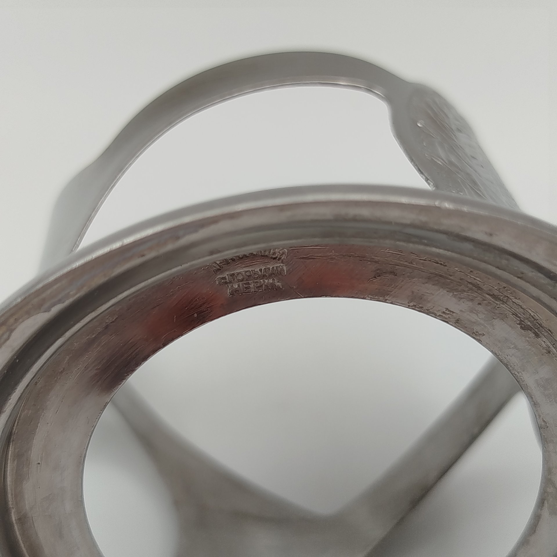 Подстаканник "Спасская башня" с декором в виде колокольчиков на ручке, Артель им. Чкалова, г. Горький, нержавеющая сталь, СССР