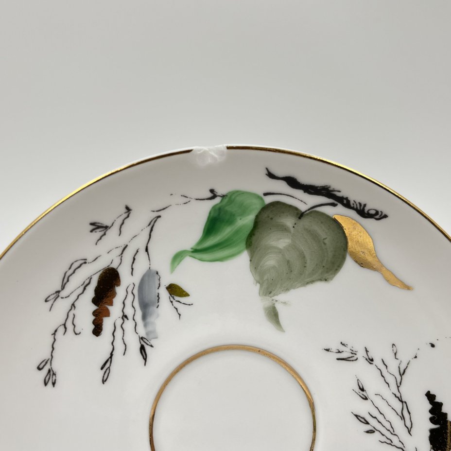 Кофейное трио "Берёзка" (чашка, блюдце, десертная тарелка), фарфор, роспись, золочение, Ленинградский фарфоровый завод (ЛФЗ), СССР, 1970-1986 гг., Ленинградский фарфоровый завод (ЛФЗ)