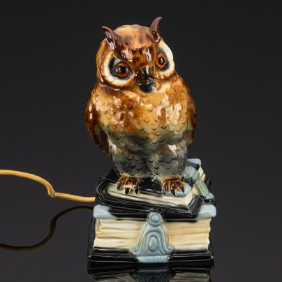 Ночник (лампа) "Сова на книгах", фарфор, роспись, металл, полимерный материал, Heinz & Co., Германия, 1954-1972 гг.