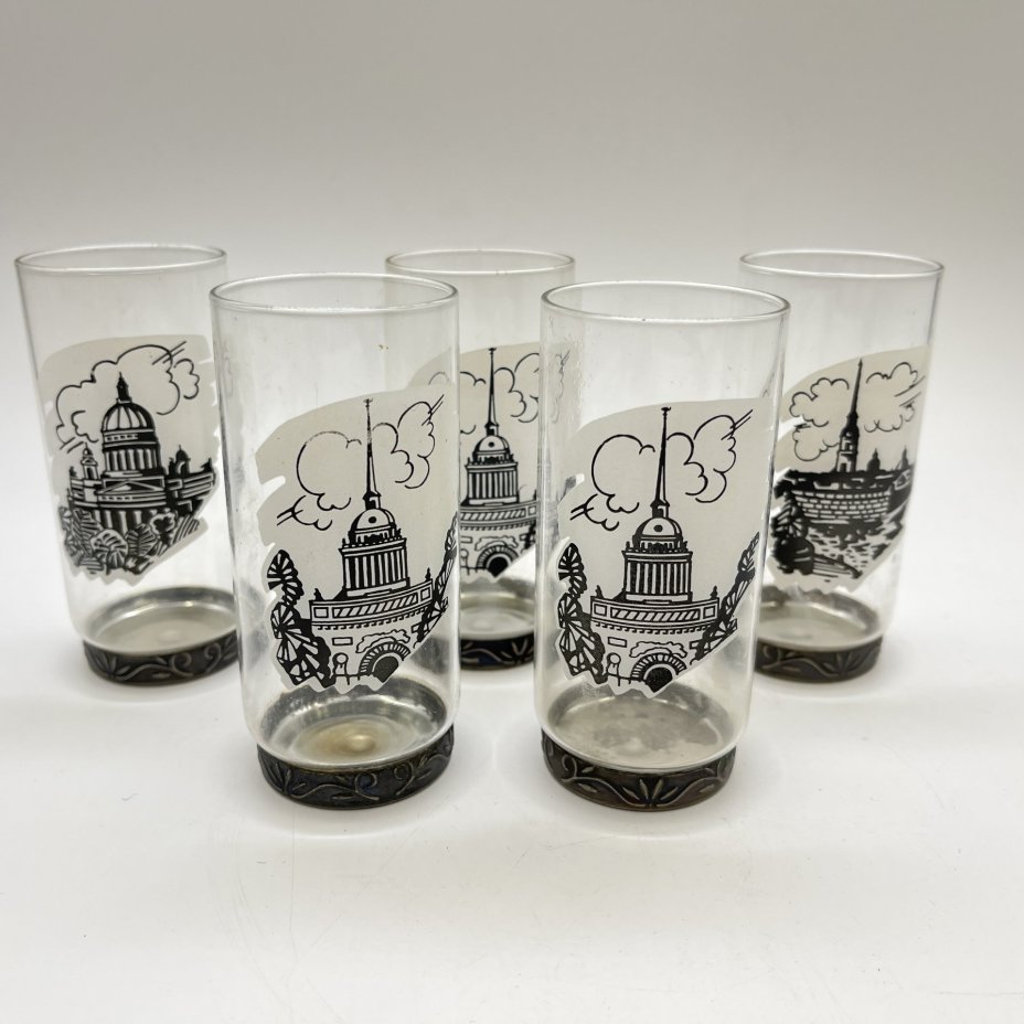Набор из 5 высоких рюмок "Петербург", стекло, мельхиор, деколь, СССР, 1970-1990 гг.