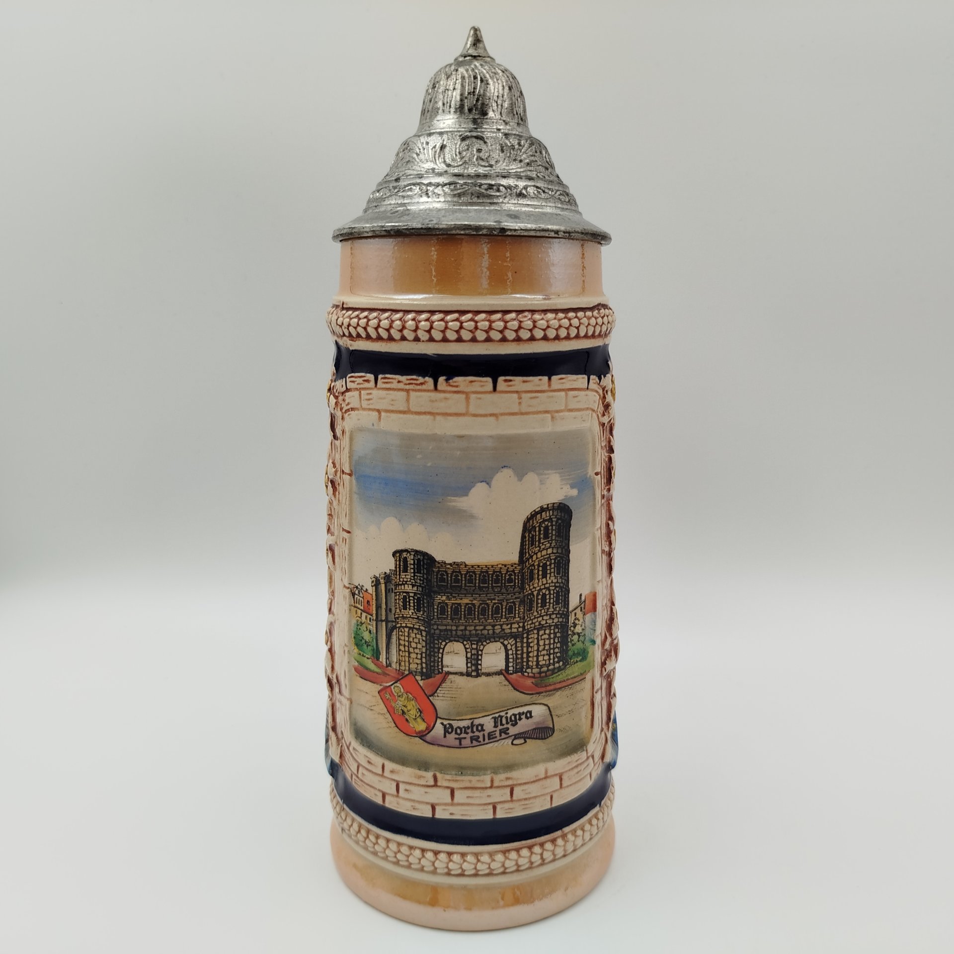 Кружка пивная с крышкой "Porta Nigra", керамика, олово, деколь, крытье, дорисовка, Gerzit Gerz, Германия, 1970-1990 гг.
