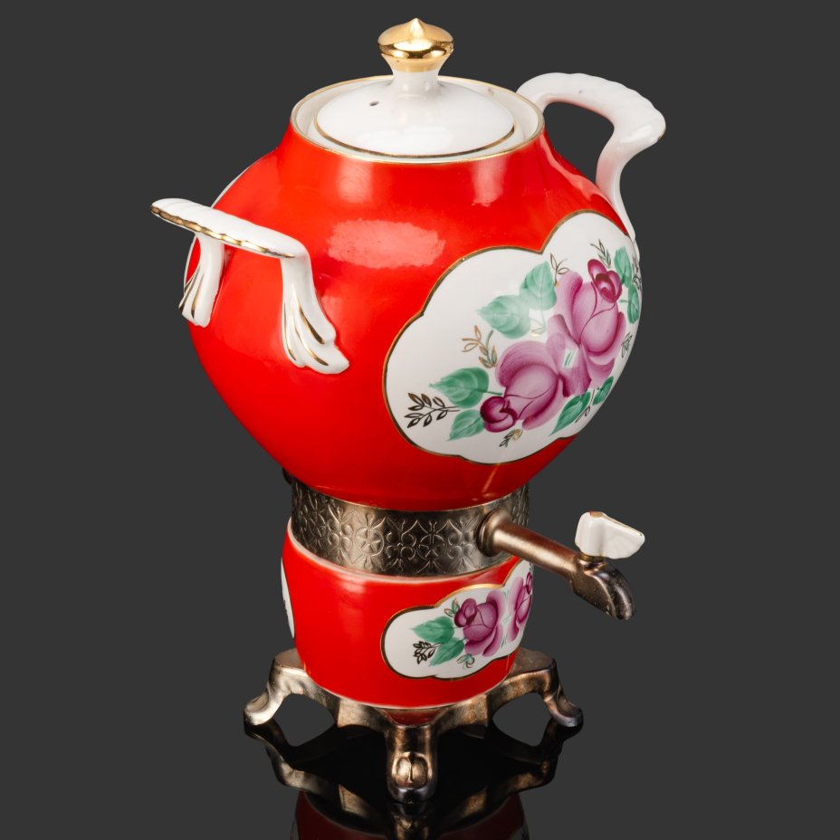 Самовар электрический фарфоровый с цветочной росписью (в комплекте с проводом и инструкцией), Ровенский завод тракторных запасных частей им. XXV съезда KПСС, фарфор, металл, роспись, СССР, 1980-1990 гг.