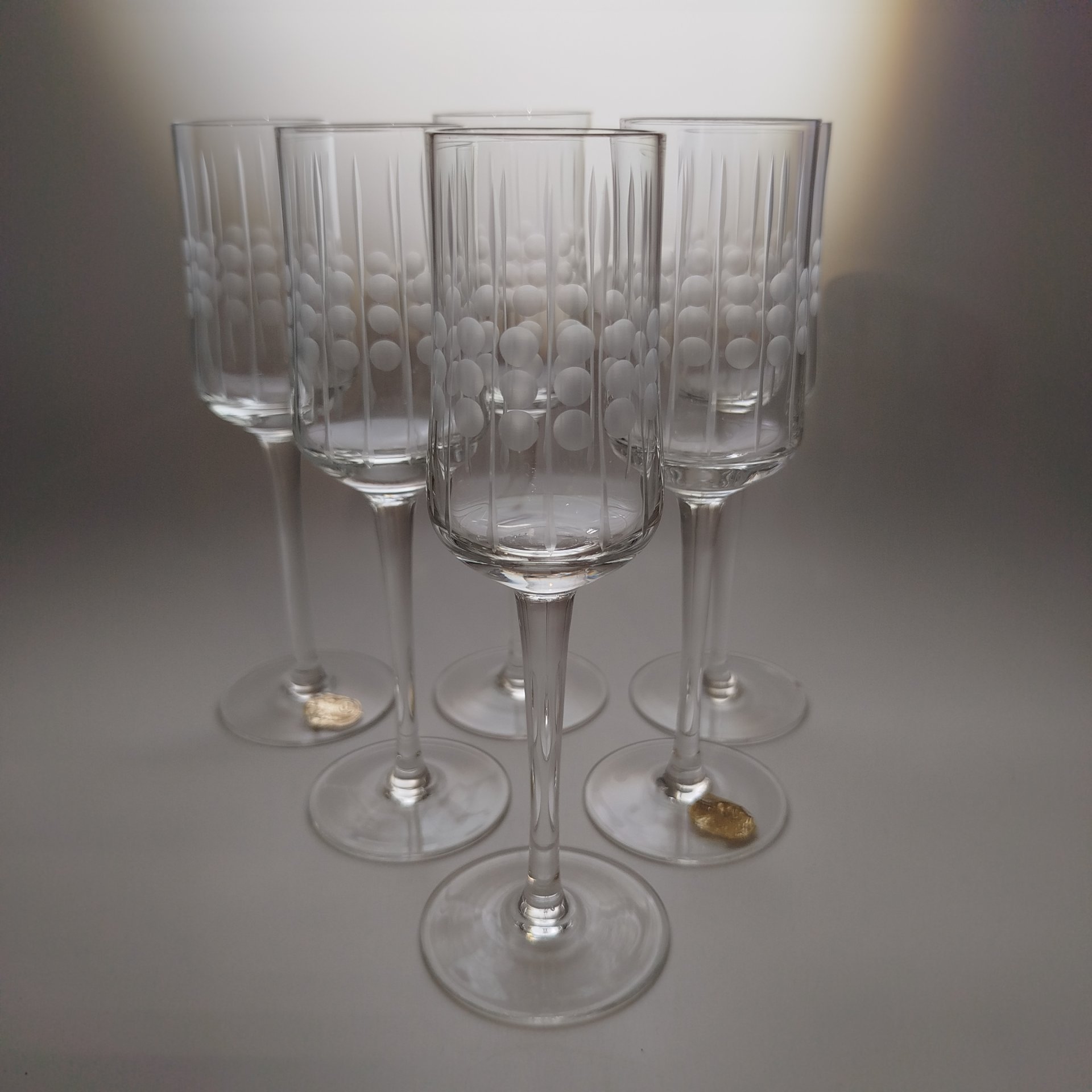 Набор из 6-ти ликерных рюмок на длинной ножке, стекло, гравировка, Bohemia Crystal (Bohemia Glass), Чехословакия, 1970-1980 гг.