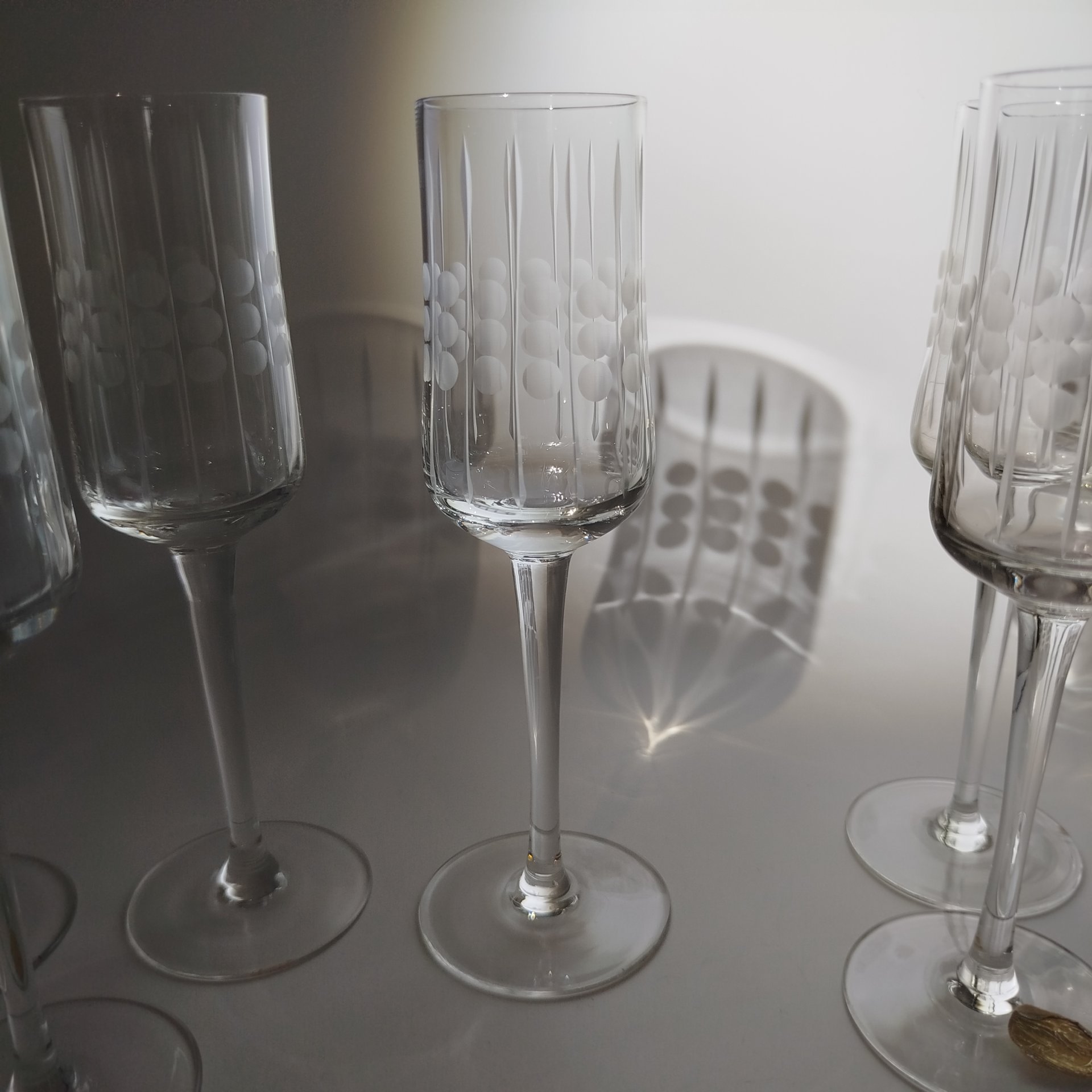 Набор из 6-ти ликерных рюмок на длинной ножке, стекло, гравировка, Bohemia Crystal (Bohemia Glass), Чехословакия, 1970-1980 гг.