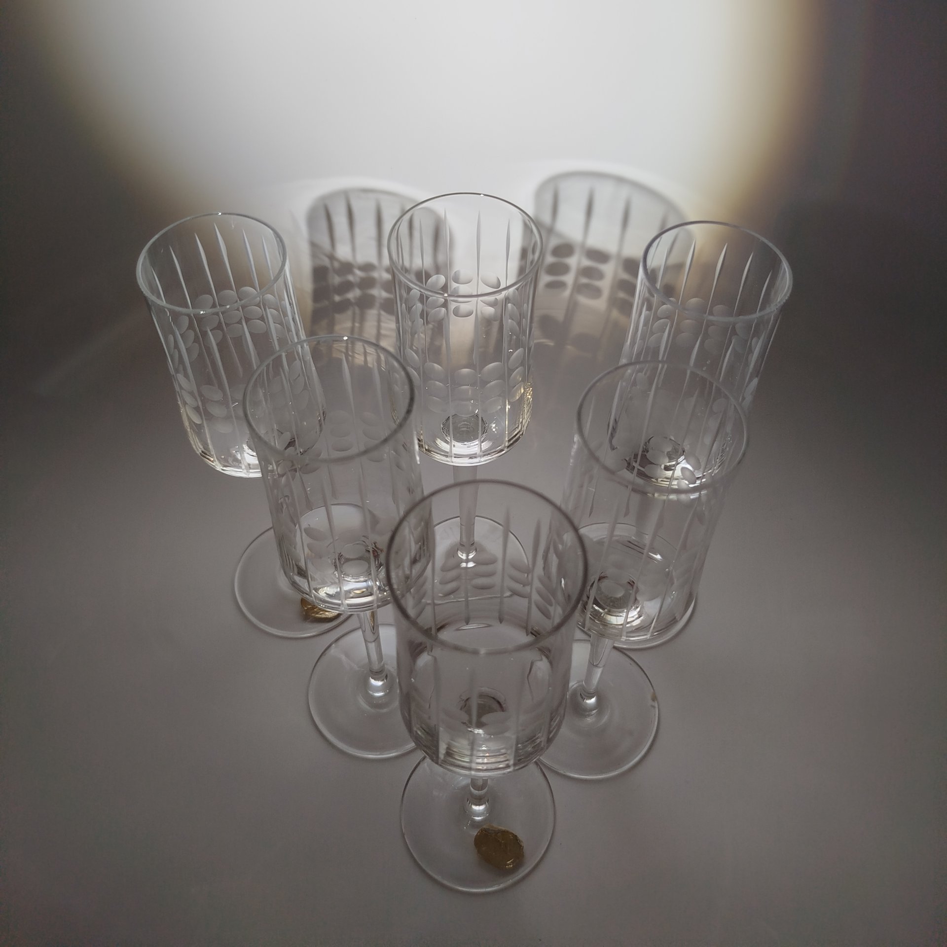 Набор из 6-ти ликерных рюмок на длинной ножке, стекло, гравировка, Bohemia Crystal (Bohemia Glass), Чехословакия, 1970-1980 гг.