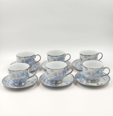 Набор из 6-ти чайных пар с цветочным декором, Merci Mignon, фарфор, деколь, Франция, 2000-2020 гг.