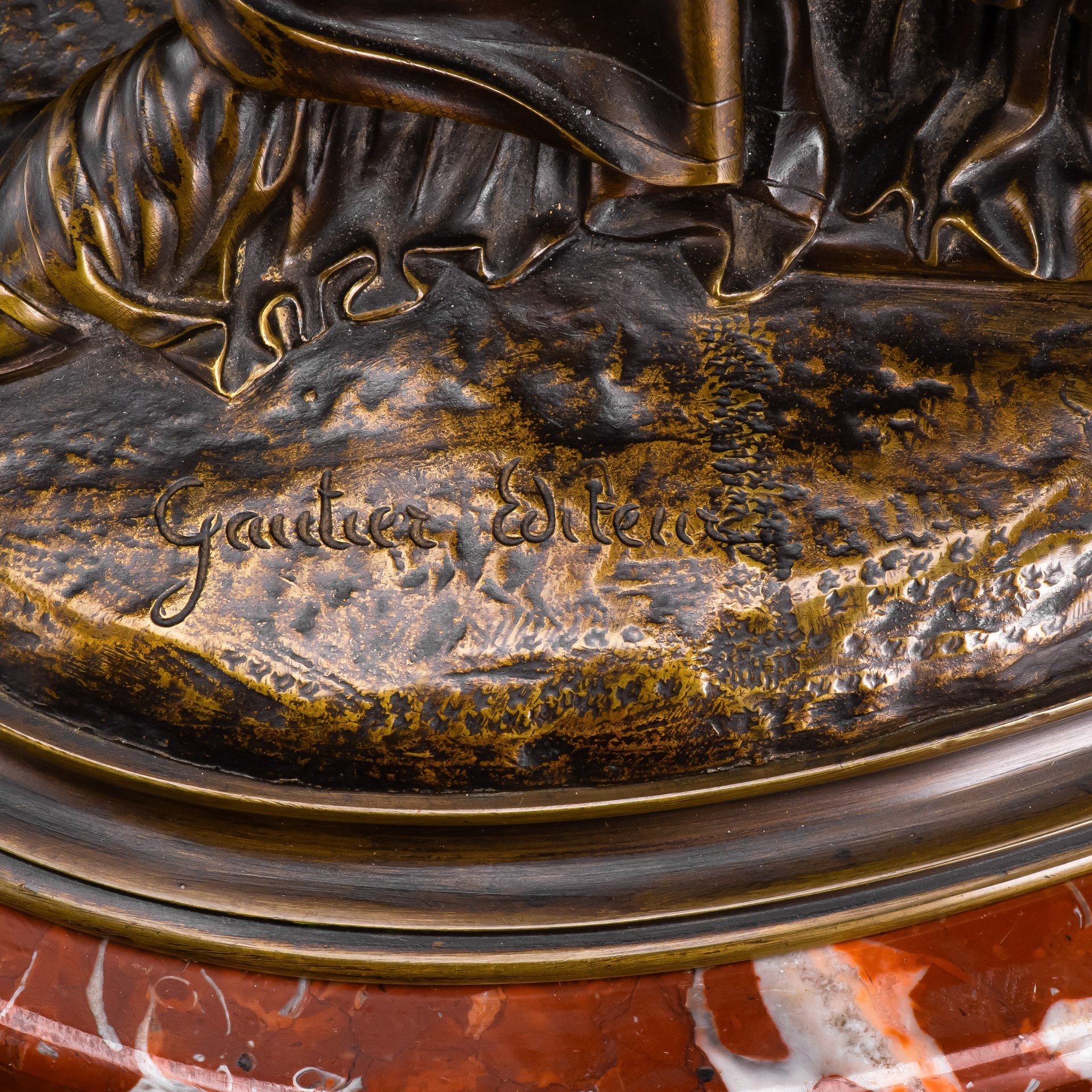 Скульптура "Античная девушка с веткой" на мраморной подставке, литейная мастерская "Gautier", в стилистике скульптора Théodore Doriot (1829-1937 гг.), бронза, литье, мрамор, Франция, 1900-1930 гг.