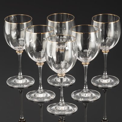 Набор бокалов для вина с рельефным декором на 6 персон, хрусталь, золочение, Европа, 1990-2010 гг.