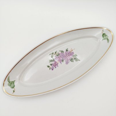Селедочница "Сирень", фарфор, деколь, золочение, Дулевский фарфоровый завод (Дулёво), СССР, 1963 г.