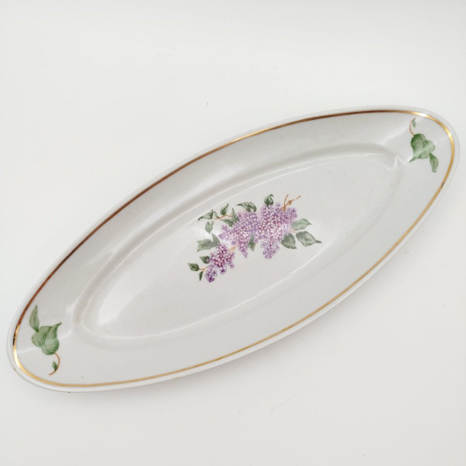 Селедочница "Сирень", фарфор, деколь, золочение, Дулевский фарфоровый завод (Дулёво), СССР, 1963 г.