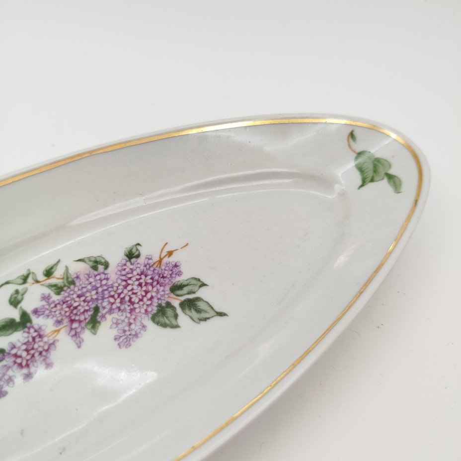 Селедочница "Сирень", фарфор, деколь, золочение, Дулевский фарфоровый завод (Дулёво), СССР, 1963 г.