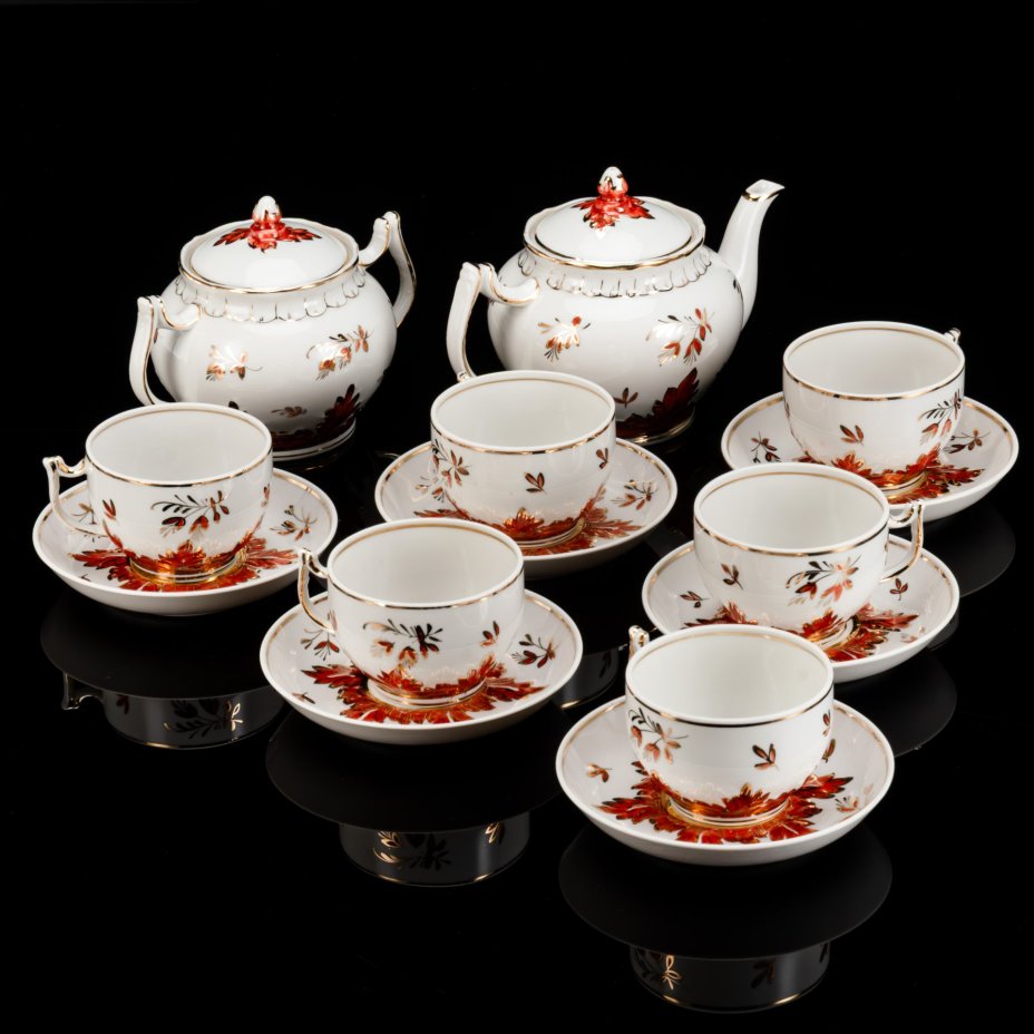 Сервиз чайный "Барбарис" на 6 персон (14 предметов), автор Евгений Петрович Смирнов, фарфор, роспись, золочение, Дмитровский фарфоровый завод (ДФЗ Вербилки), СССР, 1954-1965 гг.