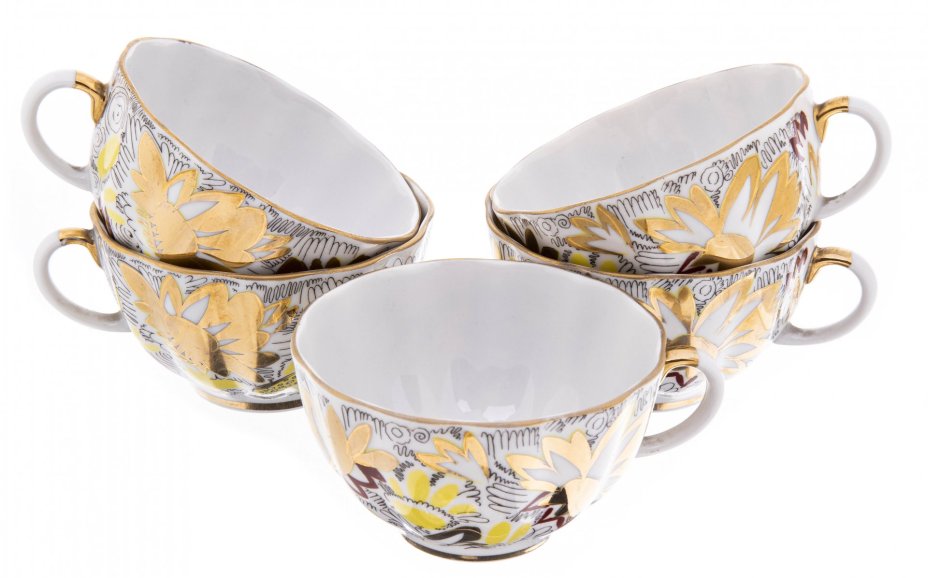 Набор чайный "Золотая ромашка" из 12 предметов на 5 персоны, фарфор, деколь, золочение, Ленинградский фарфоровый завод ("ЛФЗ"), СССР, 1970-1990 гг., Ленинградский фарфоровый завод (ЛФЗ)