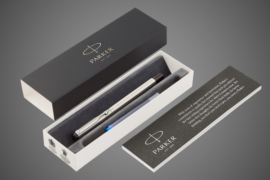 Перьевая ручка Parker Vector F03, цвет: Steel, перо: F, цвет чернил: blue, в подарочной упаковке, Металлы: латунь, пластик, хром