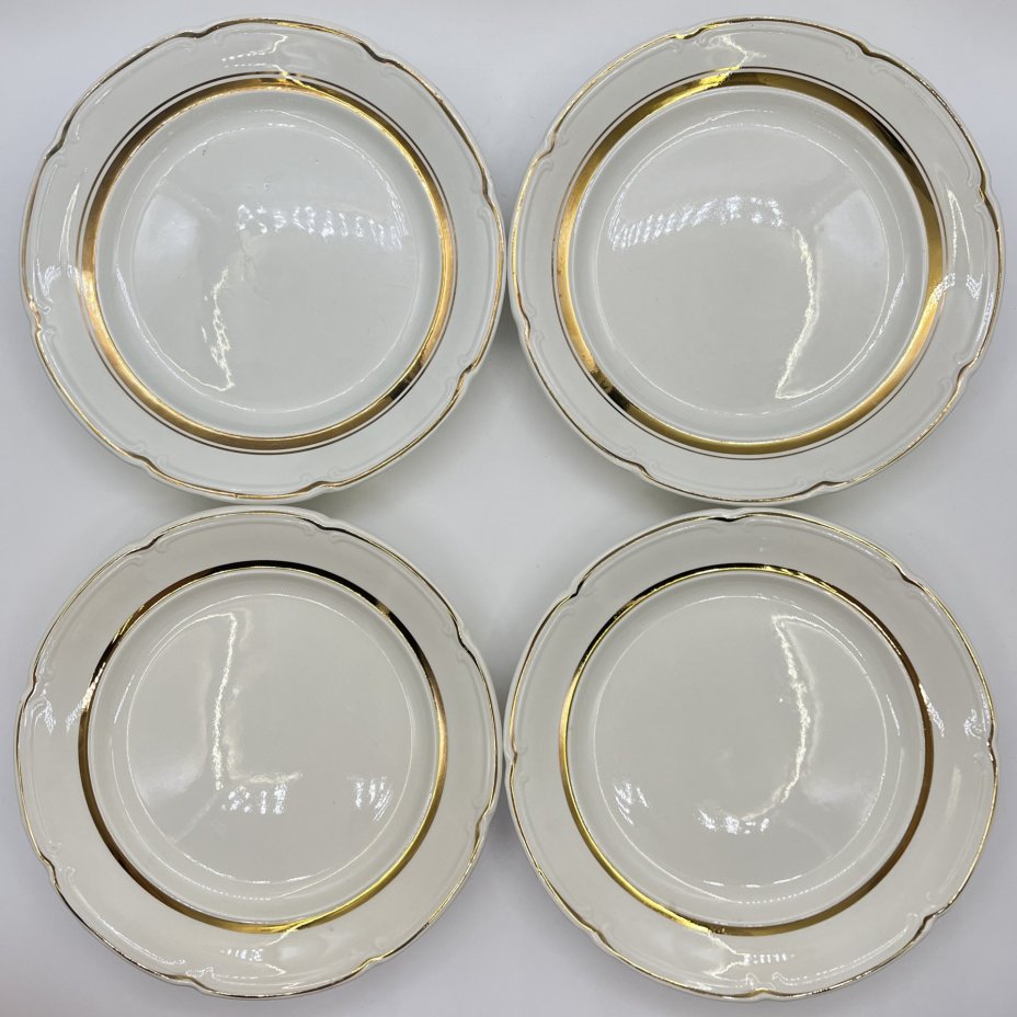 Набор обеденных тарелок на 4 персоны (в подборе), фаянс, золочение, Конаковский фаянсовый завод им. М.И. Калинина (ЗиК Конаково), СССР, 1962-1991 гг.